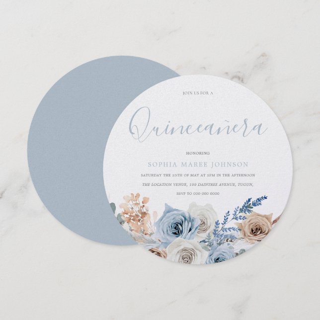 Invitation Dusty Blue Boho Pear Shimmer Quinceanera Party (Devant / Derrière)