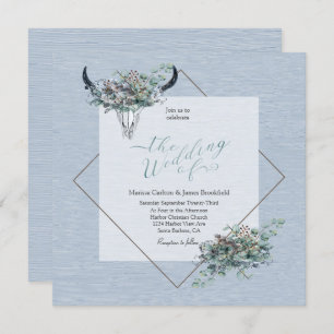 Invitation Dusty Blue Boho Rustic Crâne de vache aux fleurs