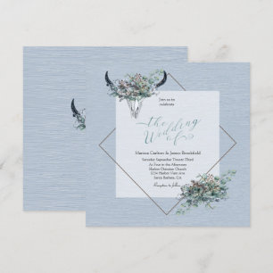 Invitation Dusty Blue Boho Rustic Crâne de vache avec fleurs