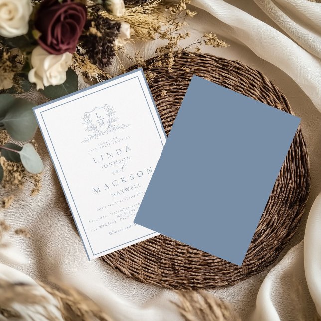 Invitation Dusty blue botanical crest monogram wedding (Créateur téléchargé)