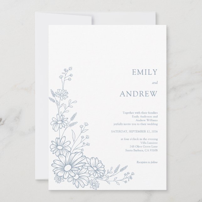 Invitation Dusty Blue Botanical Daisy Garden Wedding (Devant)