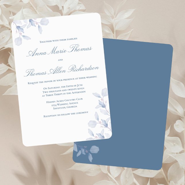 Invitation Dusty Blue Botanical Elegant Minimalist Wedding (Dusty blue floral wedding invitation with rounded corners on soft neutral linen.)