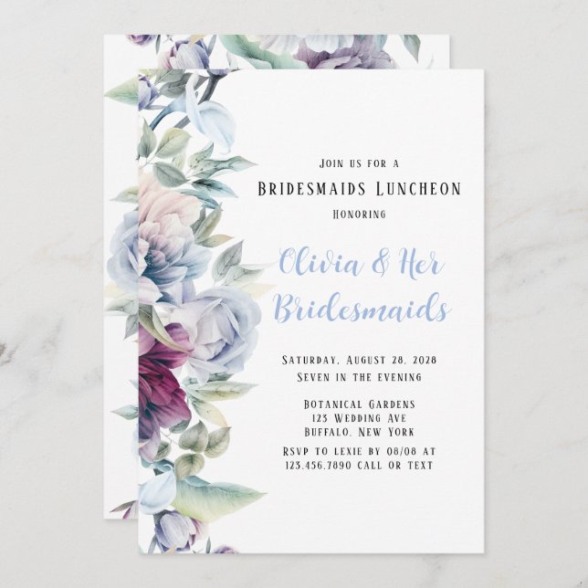 Invitation Dusty Blue Botanical Florals Bridesmaids Déjeuner (Devant / Derrière)
