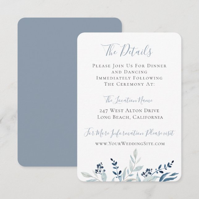 Invitation Dusty Blue Botanical Foliage Détails du Mariage (Devant / Derrière)