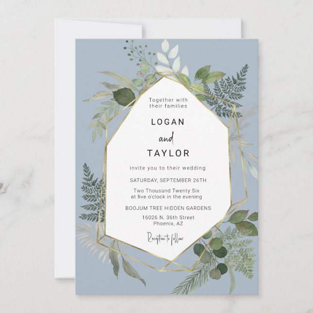Invitation Dusty Blue Botanical Greenery Gold QR Code Photo (Devant)