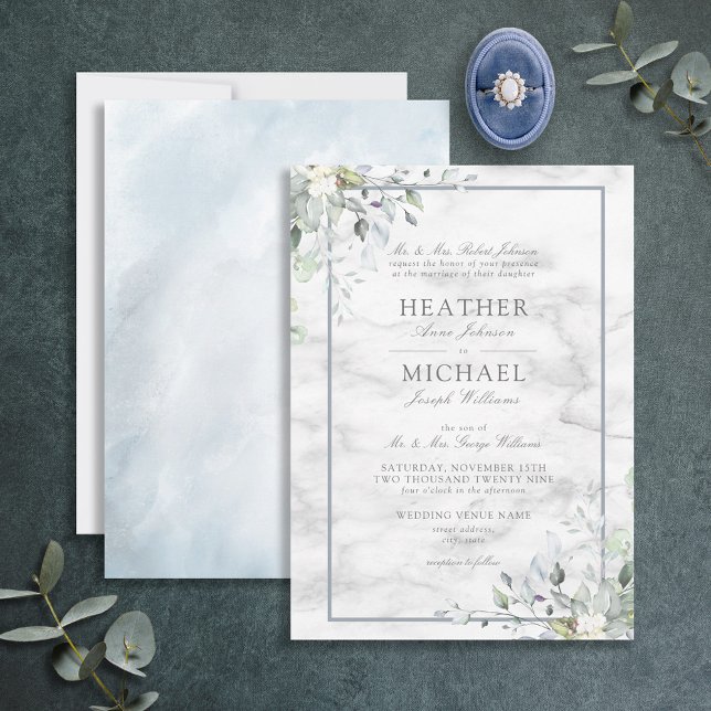 Invitation Dusty Blue Botanical Greenery Marbre blanc Mariage (Créateur téléchargé)