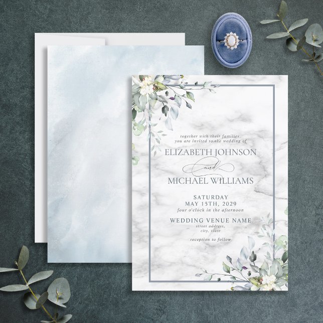 Invitation Dusty Blue Botanical Greenery Marbre blanc Mariage (Créateur téléchargé)