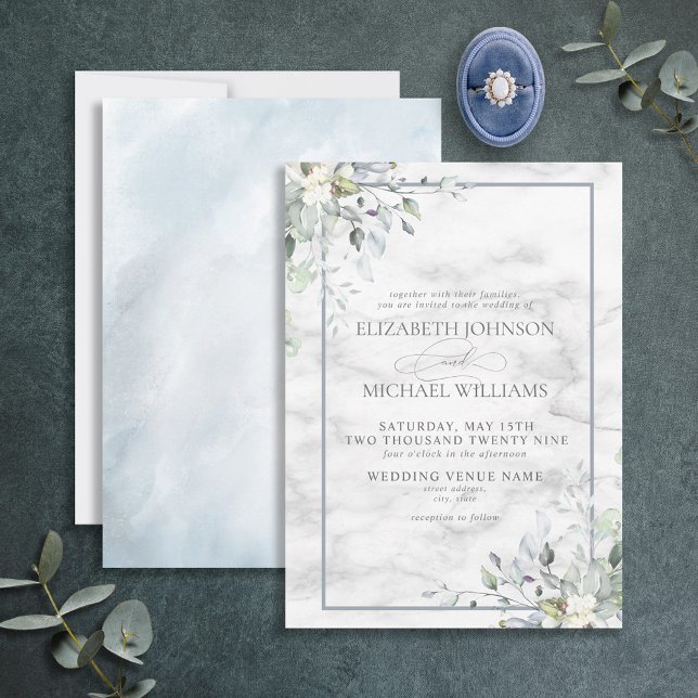 Invitation Dusty Blue Botanical Greenery Marbre blanc Mariage (Créateur téléchargé)