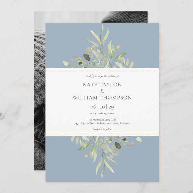 Invitation Dusty Blue Botanical Greenery Mariage photo (Devant / Derrière)