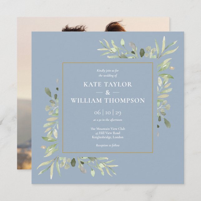 Invitation Dusty Blue Botanical Greenery Mariage photo (Devant / Derrière)