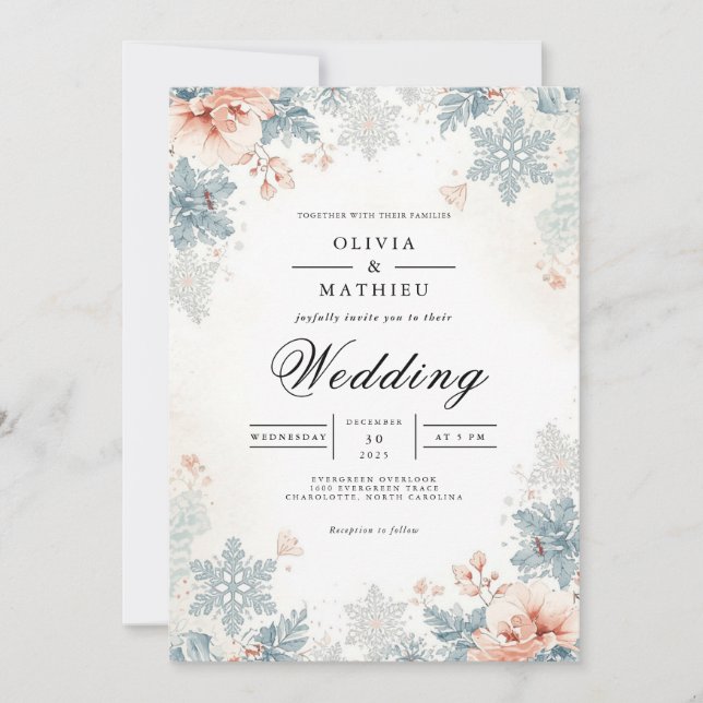 Invitation Dusty Blue Botanical Snowflake Mariage (Devant)