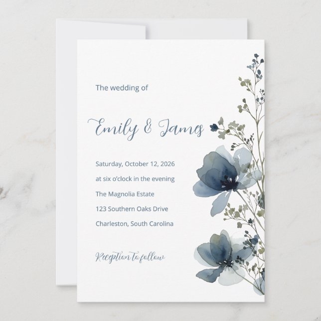Invitation Dusty Blue Botanical Wedding (Devant)