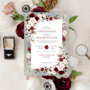 Invitation Dusty Blue Bourgogne Blush Floral Mariage