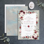 Invitation Dusty Blue Bourgogne Blush Floral Mariage<br><div class="desc">Tout simplement magnifique ! Un beau design de faire-part de mariage avec des botaniques florales à aquarelle peintes à la main et numérisées avec soin, en rose et bordeaux, avec un arrière - plan d'aquarelle bleu poussiéreux, et de la poussière d'or faux. Le type élégant grace la page, et le...</div>