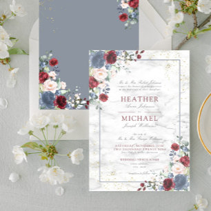 Invitation Dusty Blue Bourgogne Blush Gold Floral Mariage Inv