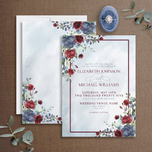 Invitation Dusty Blue Bourgogne Floral Aquarelle Script Invit
