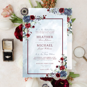 Invitation Dusty Blue Bourgogne Floral Aquarelle Script Invit