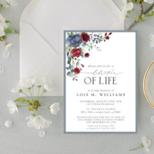 Invitation Dusty Blue Bourgogne Floral Célébration de la vie