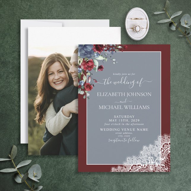 Invitation Dusty Blue Bourgogne Floral Lace Wood Mariage phot (Créateur téléchargé)