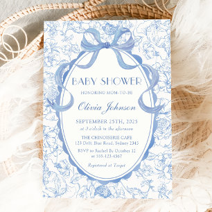 Invitation Dusty Blue Bow Chinoiserie Baby shower Floral