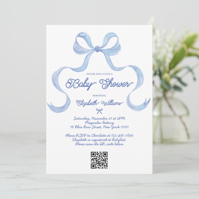 Invitation Dusty Blue Bow Coquette Baby shower garçon (Debout devant)