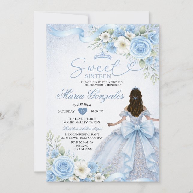 Invitation Dusty Blue Bow Princess Floral Crown Sweet Sixteen (Devant)