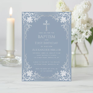 Invitation Dusty Blue Boy Baptême Premier anniversaire Vintag