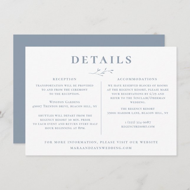 Invitation Dusty Blue Branch Détails sur le Mariage (Devant / Derrière)