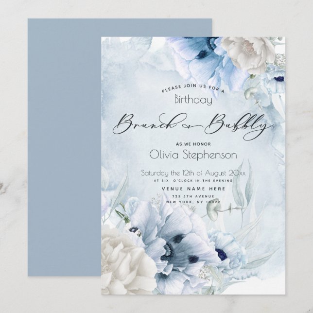 Invitation Dusty Blue Brunch Bubbly Anniversaire (Devant / Derrière)