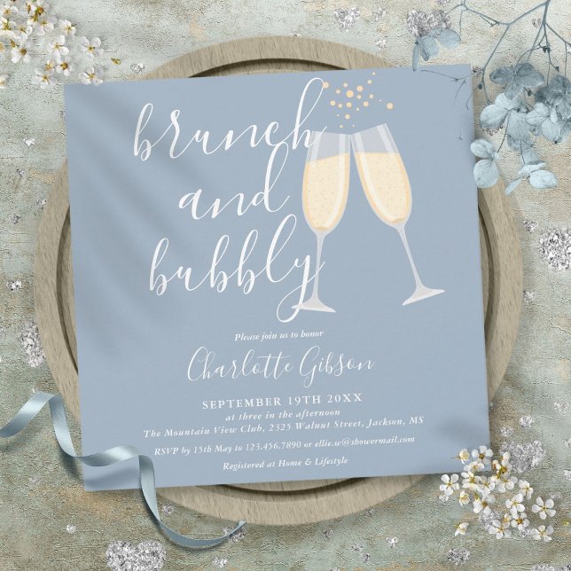 Invitation Dusty Blue Brunch Bubbly Script Fête des mariées (Dusty Blue Brunch Bubbly Script Bridal Shower Invitation)