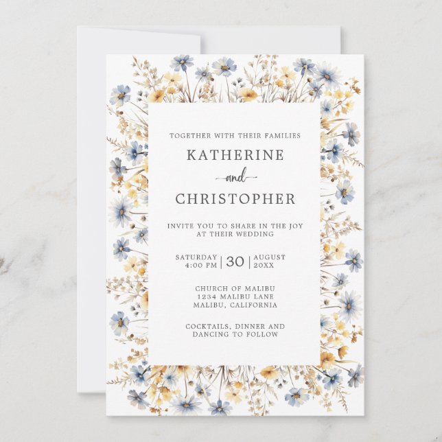 Invitation Dusty Blue budget Fleur sauvage tout en un Mariage (Devant)