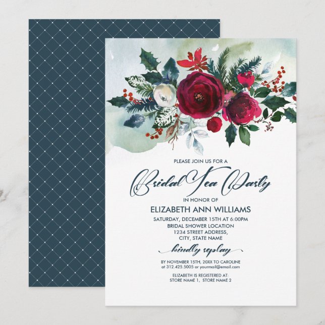Invitation Dusty Blue | Burgundy Red Bloom Bridal Tea Party (Devant / Derrière)