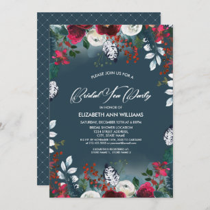 Invitation Dusty Blue   Burgundy Red Bloom Bridal Tea Party