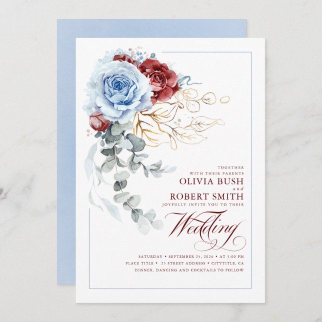 Invitation Dusty Blue & Burgundy Red Boho Floral Mariage (Devant / Derrière)