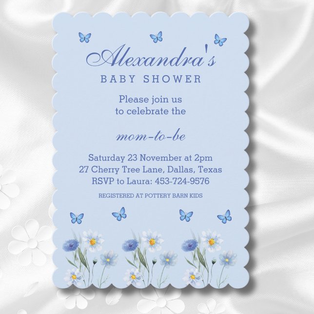 Invitation Dusty Blue Butterfly Boho Baby shower Fleur sauvag (Créateur téléchargé)