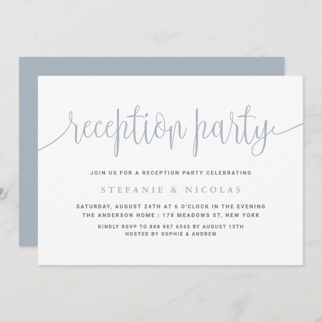 Invitation Dusty Blue Calligraphy Mariage Réception (Devant / Derrière)