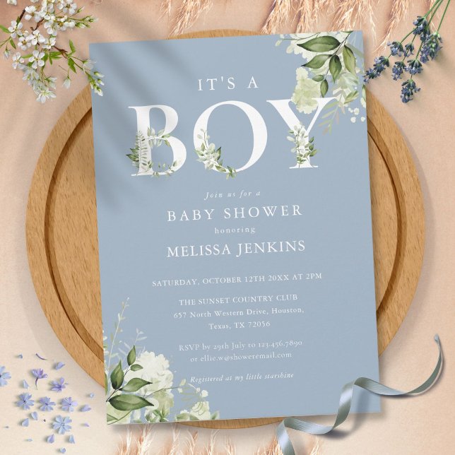 Invitation Dusty Blue C'est un garçon vert lettre Baby shower (Dusty Blue Its A Boy Greenery Letter Baby Shower Invitation)