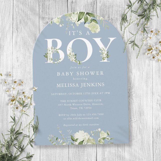 Invitation Dusty Blue C'est un garçon vert lettre Baby shower (Dusty Blue Its A Boy Greenery Letter Baby Shower Invitation)