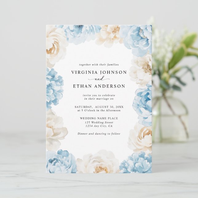 Invitation Dusty Blue Champagne Pierres d'ivoire Mariage flor (Debout devant)
