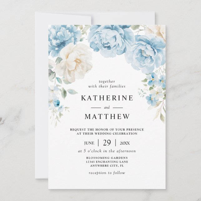Invitation Dusty Blue Champagne Pierres d'ivoire Mariage flor (Devant)