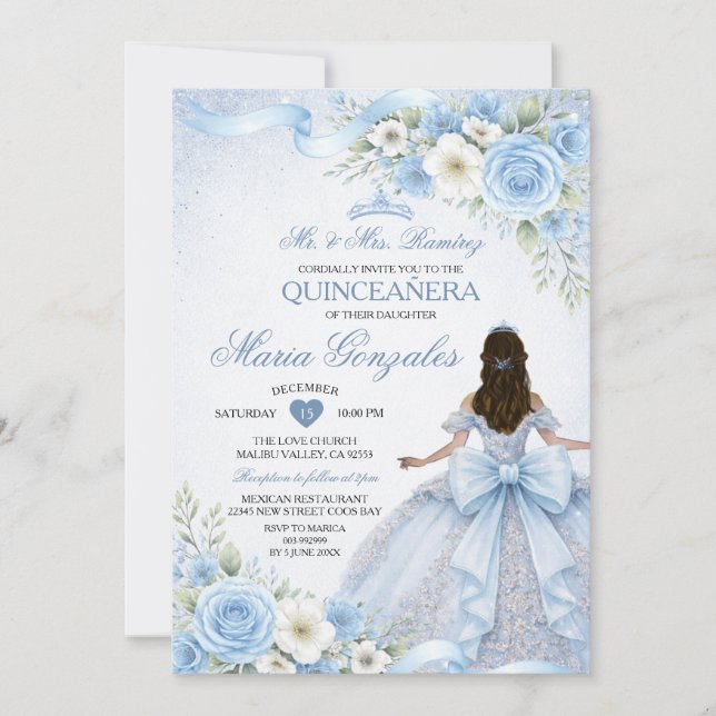 Invitation Dusty Blue Charra Princess Floral Girl Quinceañera (Devant)