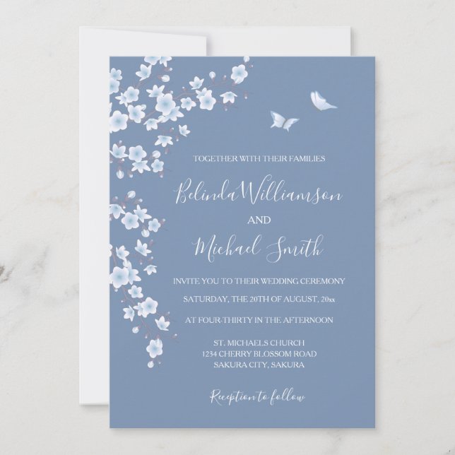 Invitation Dusty Blue Cherry Blossom | Wedding (Devant)