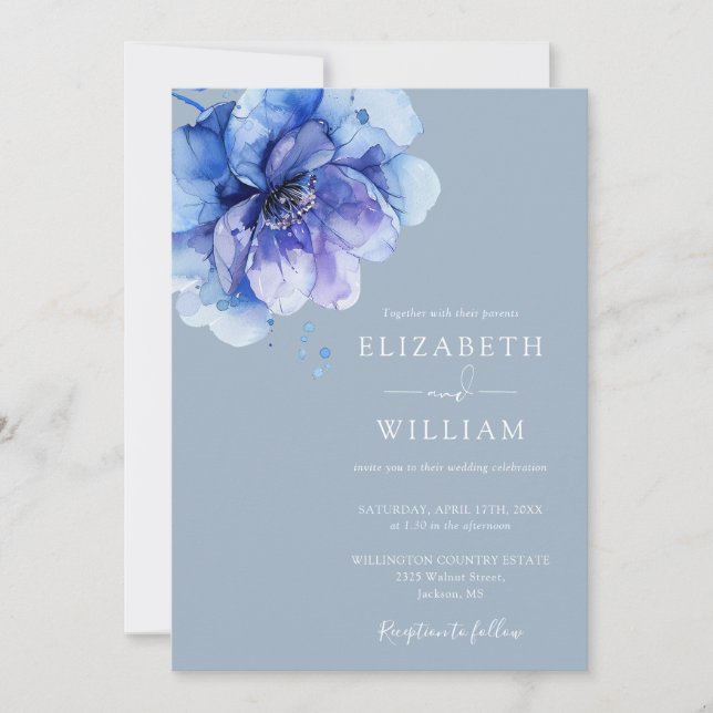 Invitation Dusty Blue Chic Aquarelle Floral QR Code Mariage (Devant)