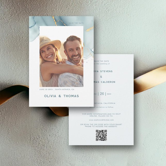 Invitation Dusty Blue Chic Modern Mariage QR Photo Enregistre (dusty blue qr code photo wedding save the date elegant bohemian modern romantic summer winter beach)