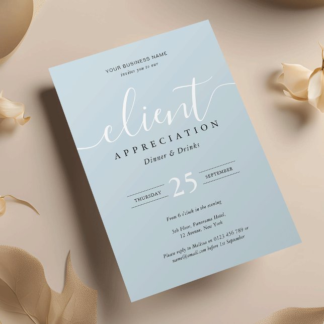 Invitation Dusty Blue Chic Staff Appréciation Event (Business appreciation event invitations in dusty blue and white with fully editable text and colors)