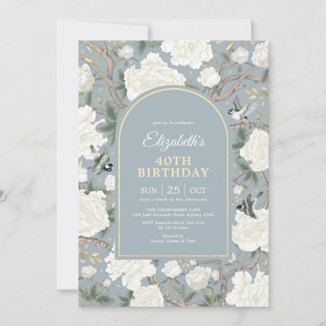 Invitation Dusty Blue Chinoiserie Floral Femmes 40e anniversa (Devant)