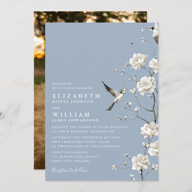 Invitation Dusty Blue Chinoiserie Floral Garden Wedding Photo (Devant / Derrière)