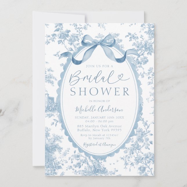 Invitation Dusty Blue Chinoiserie French Toile Bridal Shower (Devant)