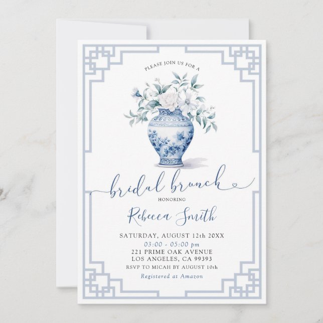 Invitation Dusty Blue Chinoiserie Ginger Jar Bridal Brunch (Devant)