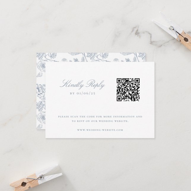 Invitation Dusty Blue Chinoiserie Mariage QR Code (Devant/Arrière en situation)